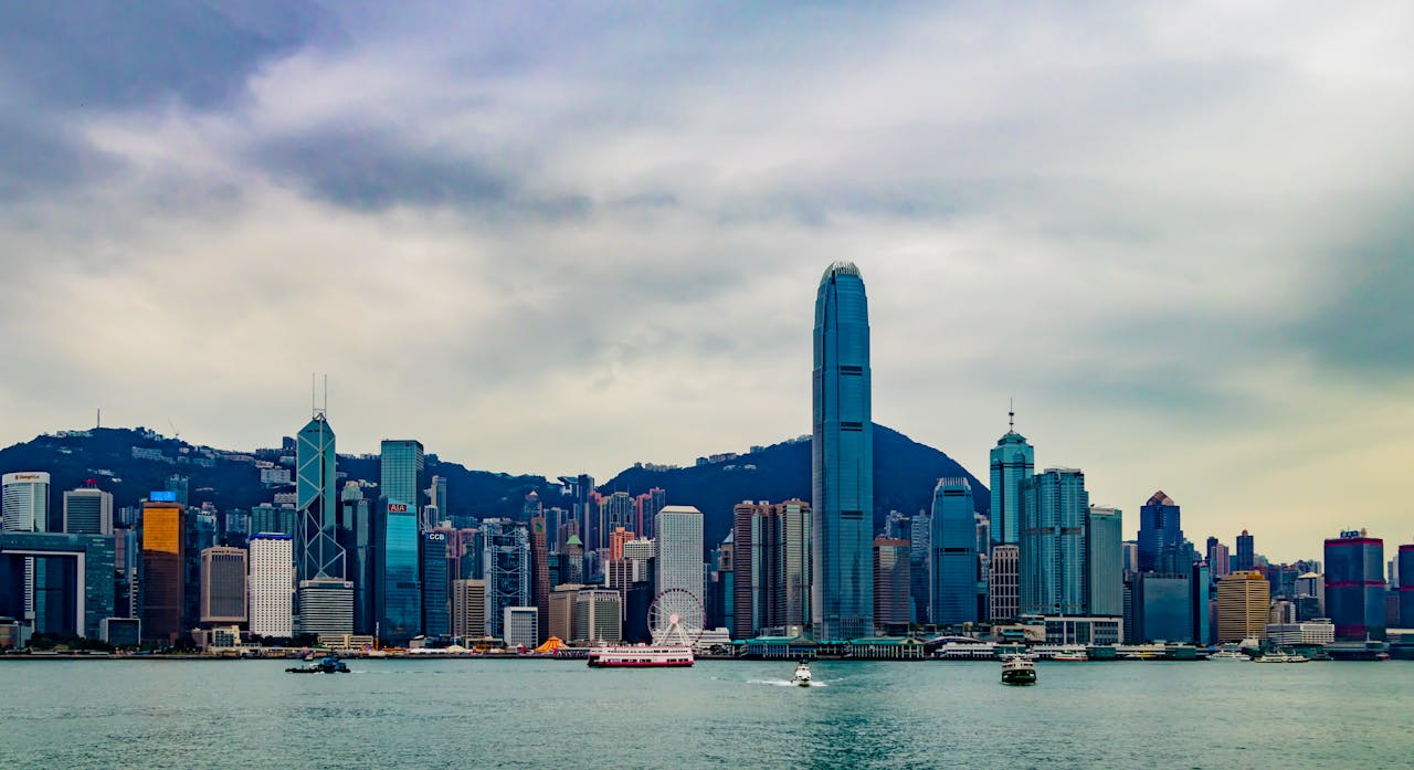 about-02 Stunning view of Hong Kong's skyline from Kowloon at sunset, featuring modern skyscrapers.